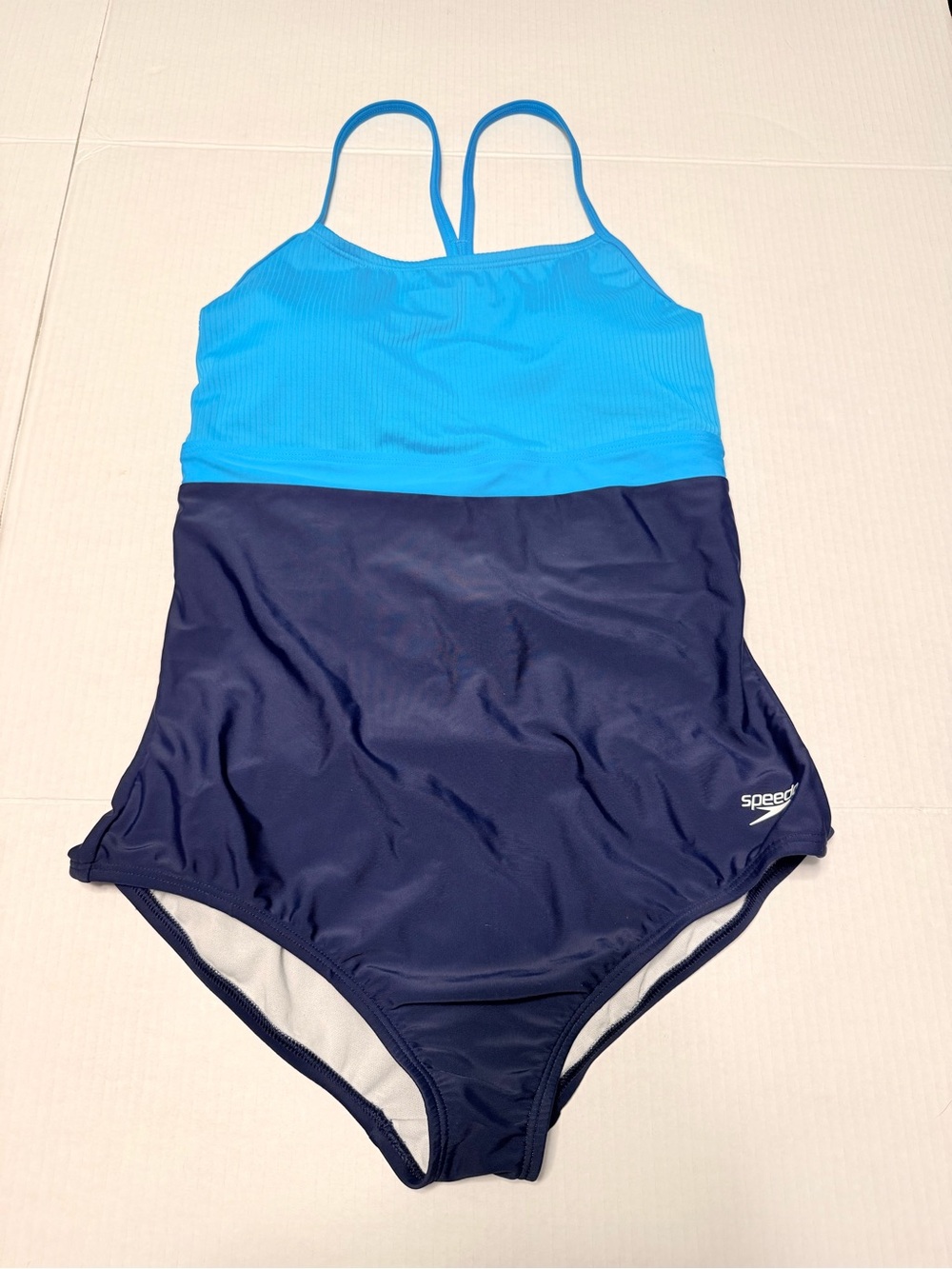 Speedo Racerback One Piece Swimsuit Colorblock Shelf Bra Blue Navy Size 14